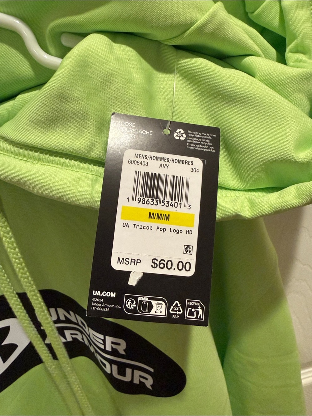 Under Armour Men’s Neon Lime Green Crewneck Hoodie with Logo - Picture 3 of 4